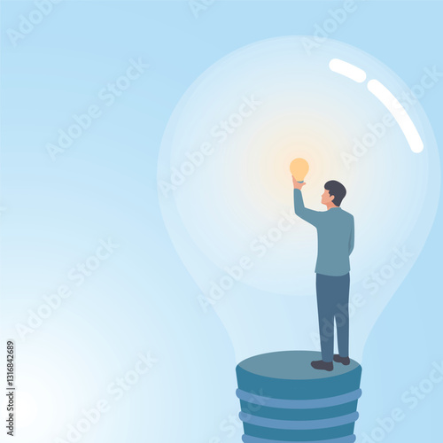 A man finds a small light bulb burning inside a large lamp. A metaphorical illustration of the value of an idea, valuable thinking and limitless creativity.