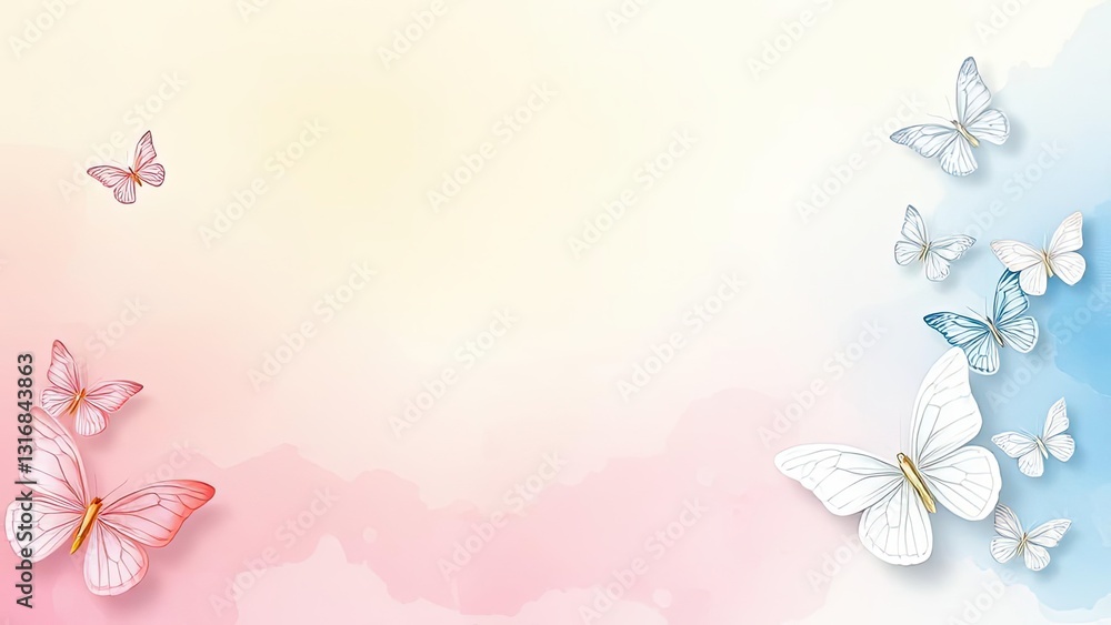 Fototapeta premium Pastel Watercolor Butterflies Background Spring Nature Soft Colors Feminine Delicate Pretty Floral