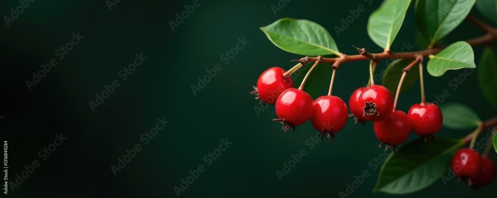 Obraz premium Hawthorn branch with berries on dark background, evergreen, foliage