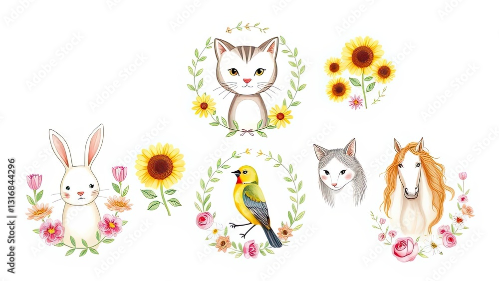 Naklejka premium Cute Animals Floral Wreath Watercolor Illustration Bunny Cat Bird Horse Sunflowers