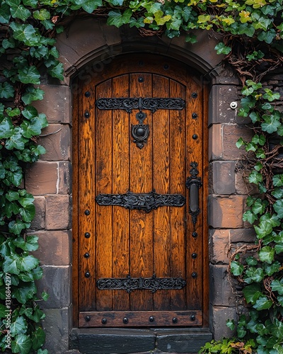 A rustic wooden door with intricate carvings, set in a charming stone cottage with ivy-covered walls.
