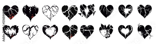 Emo romance trendy print, Broken heart silhouette, y2k Valentine Day, flame, cracked grunge shapes, gothic vector icon set, love sign rock, breakup tattoo, 90s ar