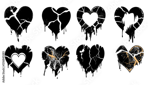 Broken heart silhouette, gothic vector icon set, flame, cracked grunge shapes, love sign rock, emo romance trendy print, y2k Valentine Day graffiti, breakup tattoo, 90s art