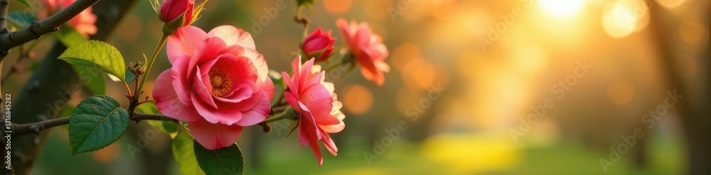 Les fleurs roses s'agitent dans les branches d'un arbre ensoleill?, arbuste, roses, soleil Les fleurs roses s'agitent dans les branches d'un arbre ensoleill?, arbuste, roses, soleil