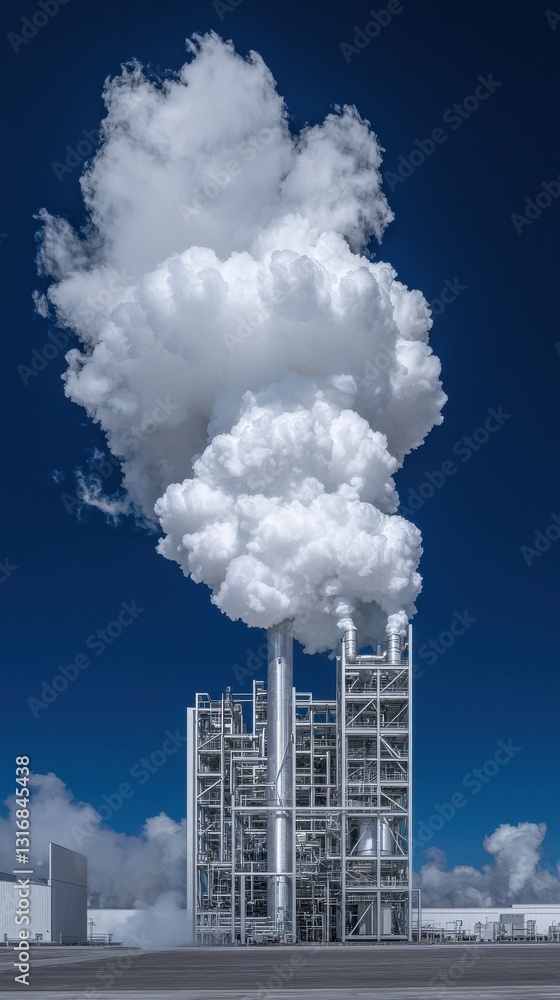 Industrial plant emitting white smoke against a deep blue sky shows pollution and environment concerns. Industrial plant emitting white smoke against a deep blue sky shows pollution and environment concerns.
