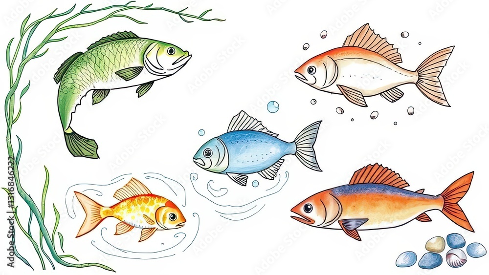 Naklejka premium Colorful Fish Illustration Aquatic Life Marine Animals Underwater Scene