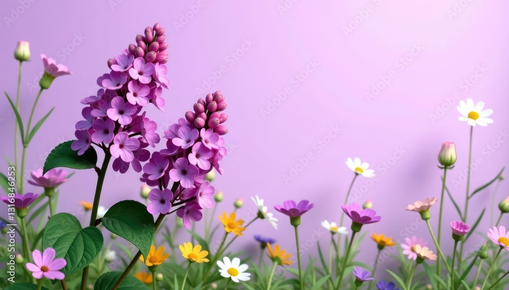 Obraz premium Lilac blooms on a light purple background amidst a garden of tall grasses and wildflowers, floral, nature