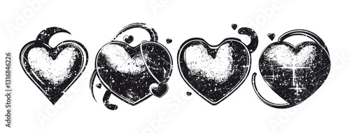 Silver grunge noise shape, heart print art, vector y2k retro futuristic love shapes, cosmic grain halftone kit, dot texture space sticker, February Valentine stamps, chrome photocopy