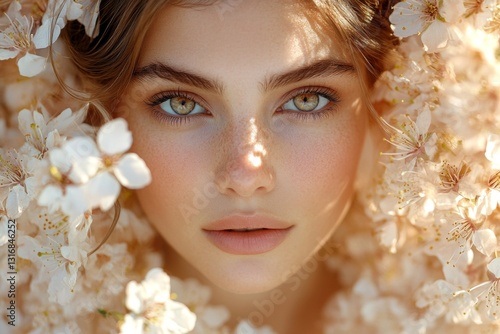Stunning caucasian young woman surrounded by cherry blossoms. Spring mood, golden hour in sunset. Commercial ad campaign idea. Woman posing under cherry blossoms. Bright woman in floral park.