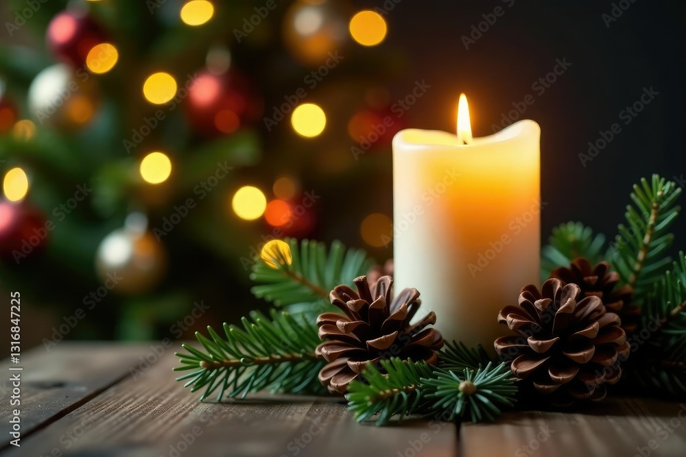 Pinecone and candle arrangement under decorated Christmas tree, pine, tree Pinecone and candle arrangement under decorated Christmas tree, pine, tree