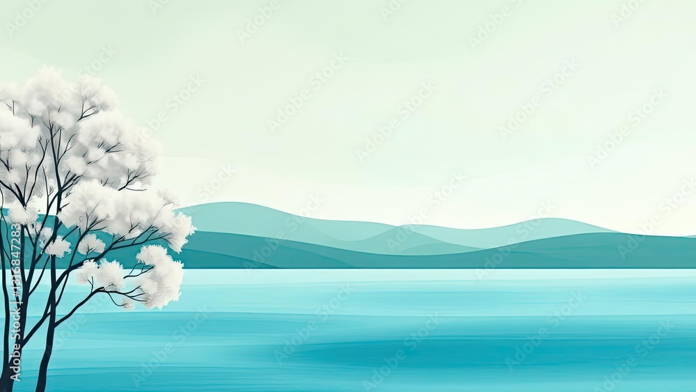 Fototapeta premium Serene Winter Landscape Tree Lake Mountains Nature