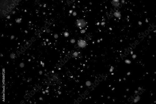 Texture of natural falling snow on black background.
