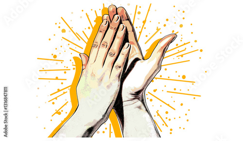 Vector collage element, clapping hands, halftone applauding gesture, cut out magazine shapes, success, appreciation, celebration, grunge, retro illustration, transparent background