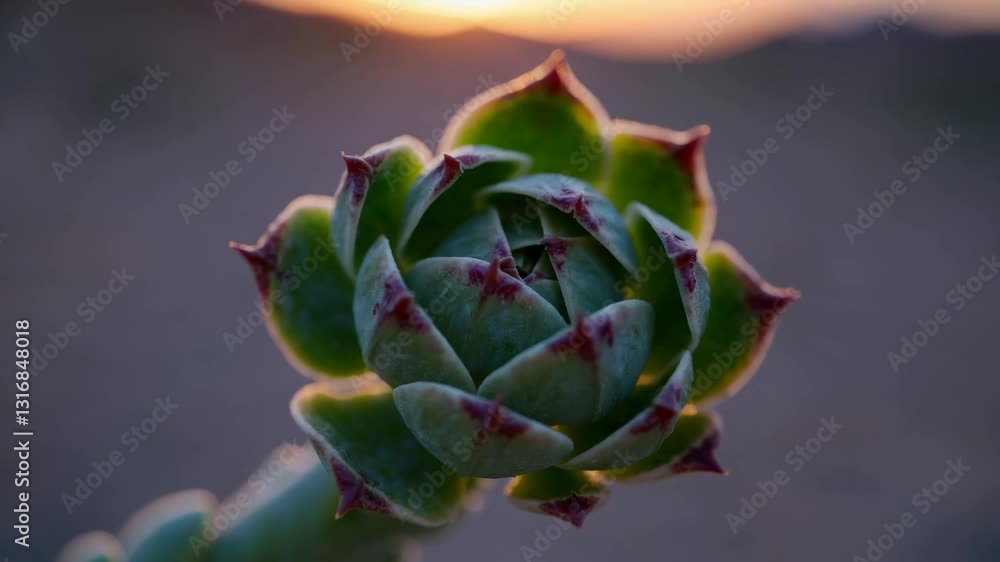 Succulent echeveria plant revealing intricate green and red leaves, glowing under warm sunset light with natural golden hues Succulent echeveria plant revealing intricate green and red leaves, glowing under warm sunset light with natural golden hues