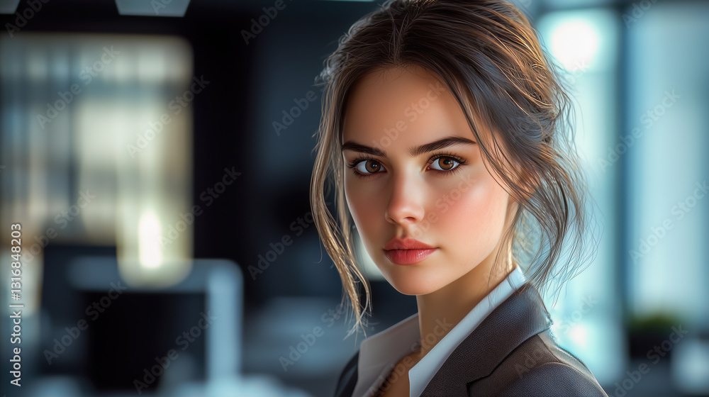 Confident young woman in business attire in an office setting, embodying professionalism and poise, suitable for corporate and workplace themes.