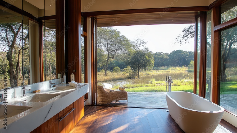 Fototapeta premium A spacious bathroom with a distinct separation between wet and dry areas.