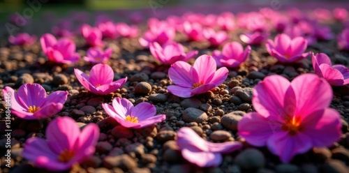 Pink and purple petals scattered on the soft earth, ground, wildflowers