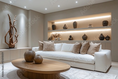 Wallpaper Mural A modern interior design of the living room with LED-lit shelves and interior decorations on the walls, as well as a sofa and coffee table. Generative AI
 Torontodigital.ca