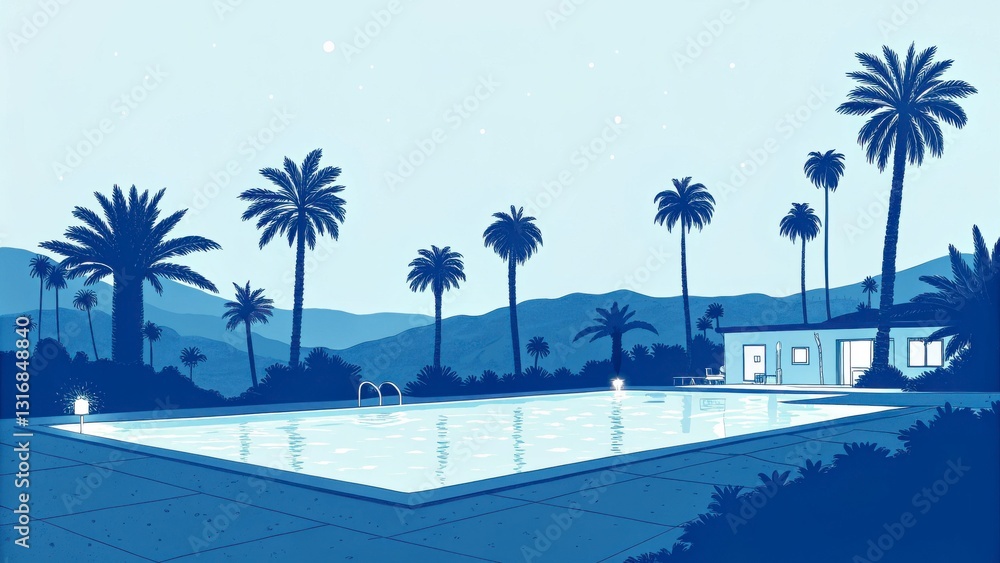 Obraz premium Serene Blue Twilight Poolside Minimalist House and Palm Trees