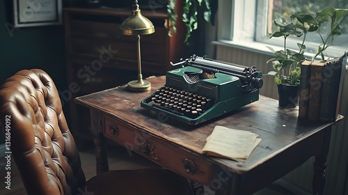 Vintage green typewriter on antique wooden desk in home office, beside leather chair and plants.