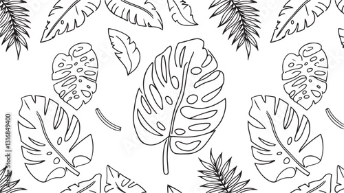 Tropical leaf Wallpaper, Luxury nature leaves pattern design, banana leaf line arts, Hand drawn outline design for fabric , print, cover, banner and invitation, Vector illustration. white background