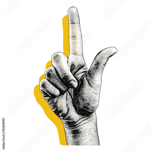 Collage element of crossed fingers hand, halftone hand showing good luck sign, make wish, magazine cut out shape, yellow background, grunge modern retro illustration