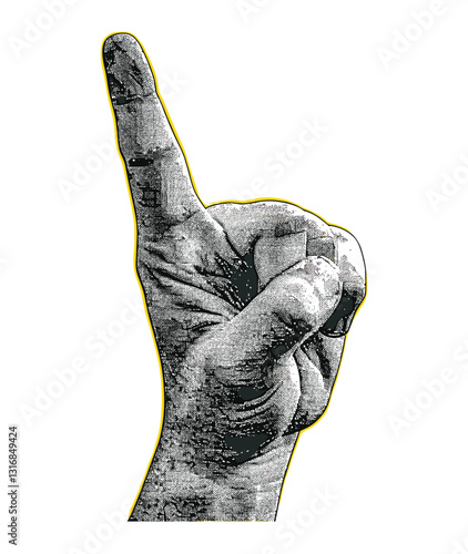 Grunge modern retro vector illustration, crossed fingers hand, good luck sign, halftone make wish, yellow background collage, copy space, positive vibes, lucky charm