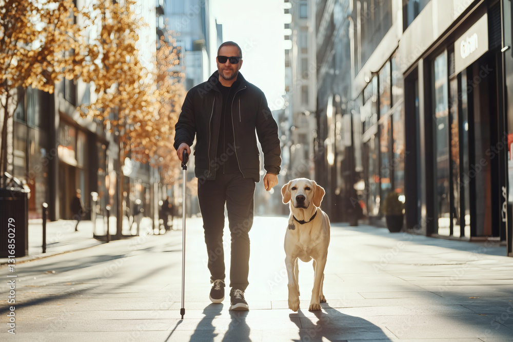 Guide Dog and owner on a city sidewalk Guide Dog and owner on a city sidewalk