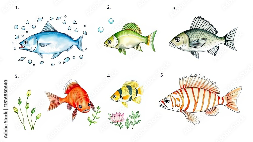 Naklejka premium Colorful Fish Illustrations Aquarium Ocean Underwater Marine Life Aquatic Animals Sea Creatures