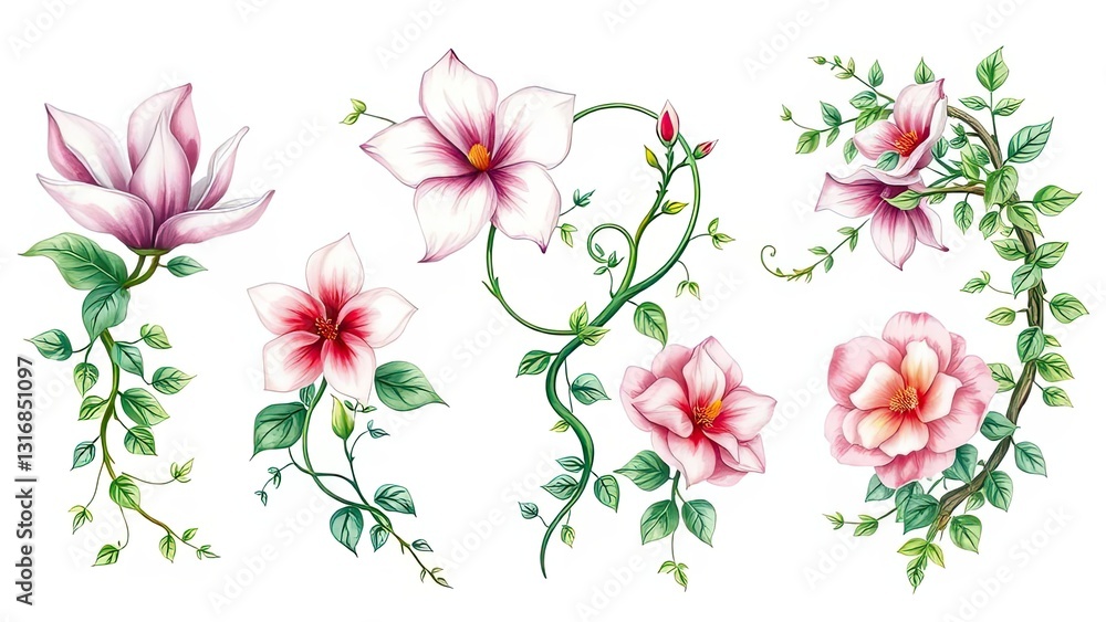 Fototapeta premium Elegant Floral Arrangements Magnolia Rose Hibiscus Blooms Vines
