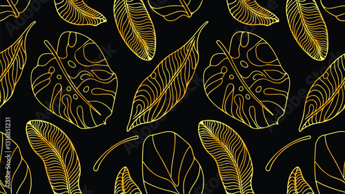 Tropical leaf Wallpaper, Luxury nature leaves pattern design, Golden banana leaf line arts, Hand drawn outline design for fabric , print, cover, banner and invitation,