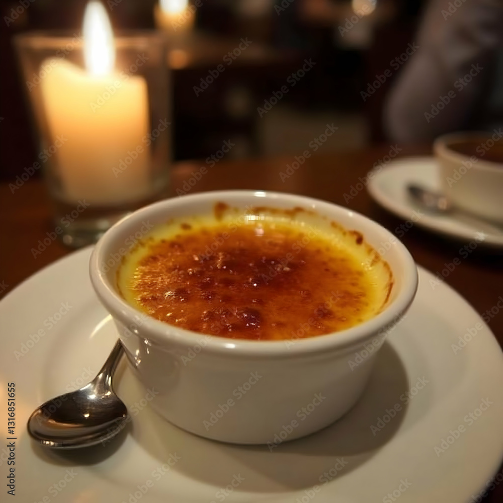 Cozy Ambiance of Crème Brûlée Dessert with Caramelized Sugar Top in White Ramekin on Wooden Table with Silver Spoon and Warm Lighting for a Romantic French Cuisine Experience
Cozy Ambiance of Crème Brûlée Dessert with Caramelized Sugar Top in White Ramekin on Wooden Table with Silver Spoon and Warm Lighting for a Romantic French Cuisine Experience