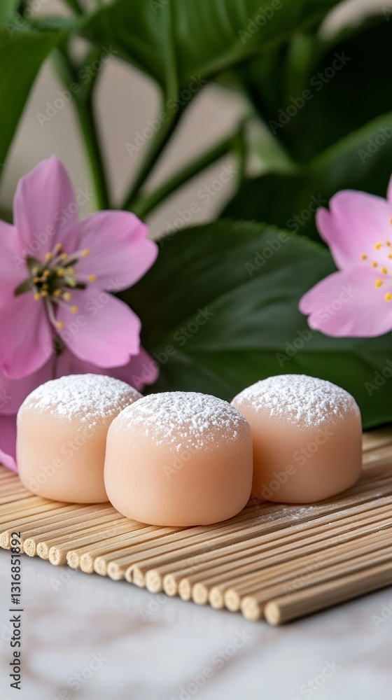 Elegant Cherry blossom mochi with a soft glutinous texture filled with sweet bean paste dusted lightly with powdered sugar on a bamboo mat Elegant Cherry blossom mochi with a soft glutinous texture filled with sweet bean paste dusted lightly with powdered sugar on a bamboo mat
