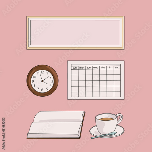 Home office Icon set with Calendar, Coffee and Clock