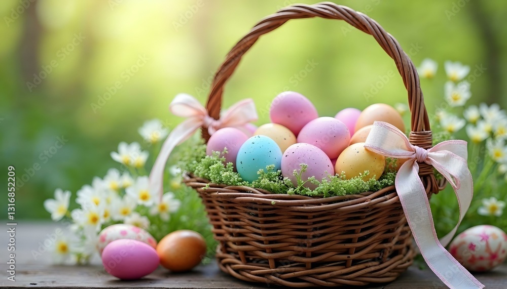 Naklejka premium Rustic wicker basket filled with hand-painted Easter eggs, tied with a pastel ribbon, placed on a wooden table with fresh spring flowers. Soft natural lighting enhances the festive charm.