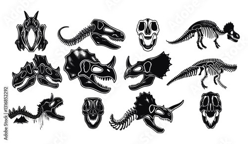 Reptor head, vector dinosaur skeleton linocut print set, tattoo dino skull, triceratops silhouette, woodcut, Jurassic reptile engraving sticker, prehistoric fossil icon