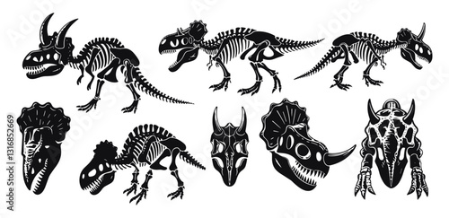 Dinosaur skeleton woodcut, triceratops silhouette, vector prehistoric fossil icon, reptor head, tattoo dino skull, Jurassic reptile engraving sticker, linocut print set