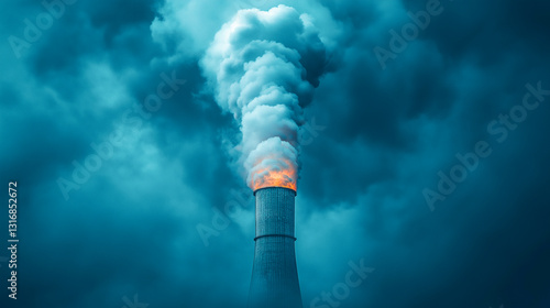 Graphic illustration depicting a nuclear power plant releasing steam and smoke into an atmospheric sky at dusk photo