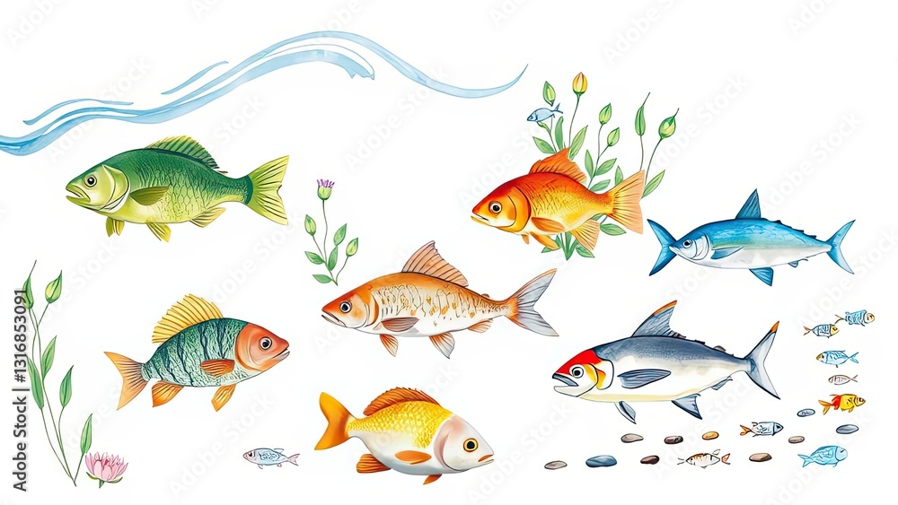 Fototapeta premium Colorful Fish Illustration Aquatic Life Pond River Ocean Underwater Scene Marine Animals Wildlife