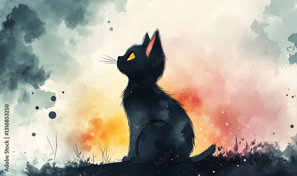 Watercolor painting of a black cat looking into the distance on colourful background.