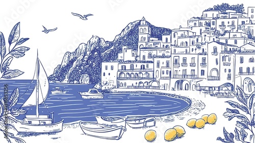 Italian amalfi or sicily summer vacation doodle style illustration set. Vector ink hand drawn Italy coast sea, beach and lemons elements. Sea weekend collection for invitations, placards, posters.