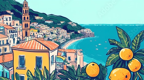 Italian amalfi or sicily summer vacation doodle style illustration set. Vector ink hand drawn Italy coast sea, beach and lemons elements. Sea weekend collection for invitations, placards, posters.