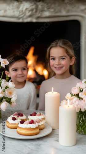 Elegant Family gathered around a fireplace sharing stories and enjoying Easter pastries like tarte aux fraises and eclairs cozy spring celebration 