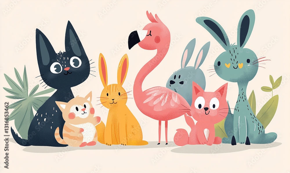 The cartoon illustration shows a group of friendly and colorful animals, including a dog, a cat, a flamingo, and a rabbit, spending a happy time together. The cartoon illustration shows a group of friendly and colorful animals, including a dog, a cat, a flamingo, and a rabbit, spending a happy time together.