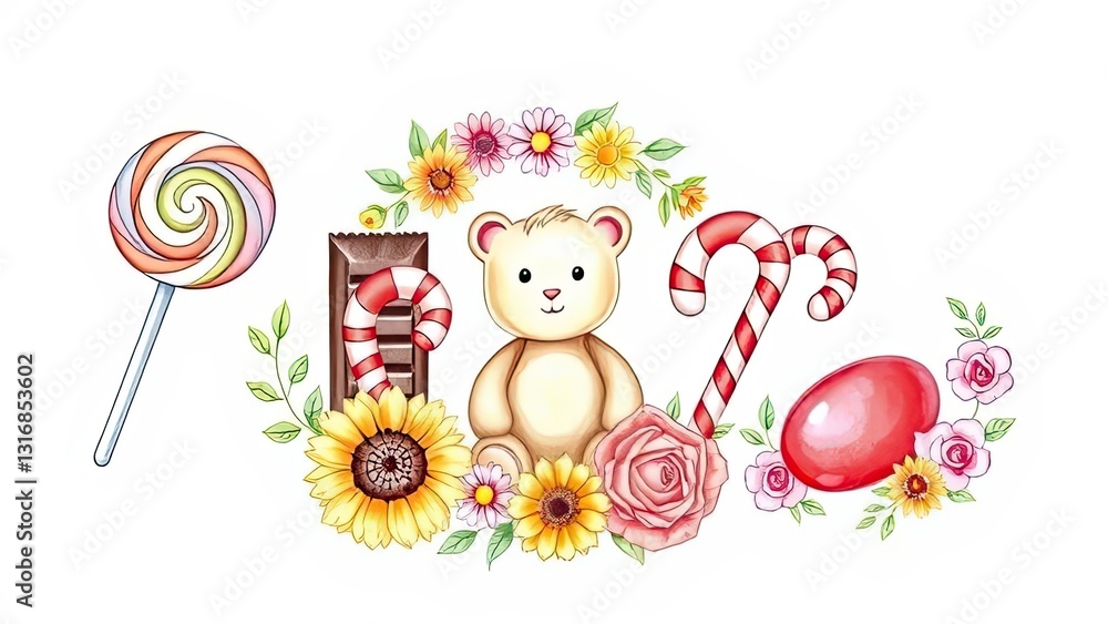 Obraz premium Cute Teddy Bear Candy Flowers Watercolor Illustration