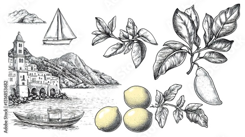 Italian amalfi or sicily summer vacation doodle style illustration set. Vector ink hand drawn Italy coast sea, beach and lemons elements. Sea weekend collection for invitations, placards, posters.