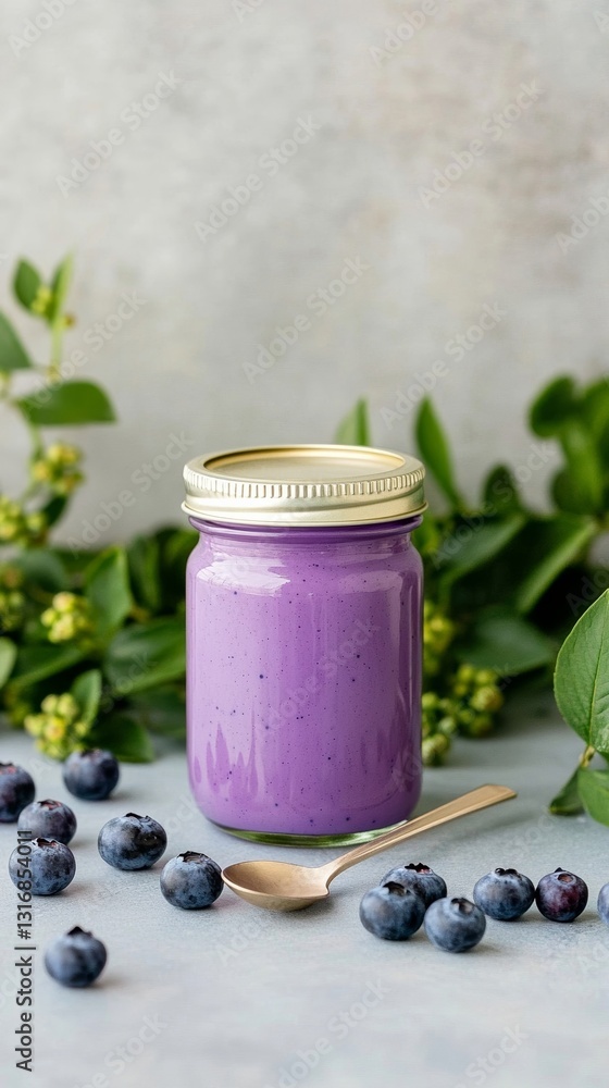 Elegant Glass jar of homemade blueberry jam surrounded by fresh berries and a spoon cozy kitchen scene evoking traditional flavors Elegant Glass jar of homemade blueberry jam surrounded by fresh berries and a spoon cozy kitchen scene evoking traditional flavors