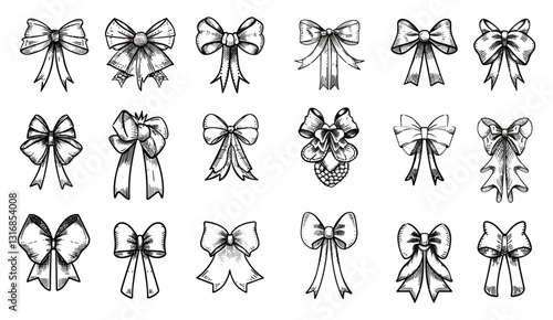 Doodle bow icon ribbon collection set, vintage cute hand drawn girly hair accessory, feminine romantic tattoo sketch, cartoon bowknot design, festive heart brooch clipart