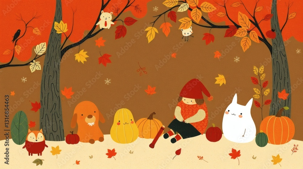Fototapeta premium a charming illustration depicts an autumnal scene with a whimsical gathering of animals and a gnome amidst falling leaves and pumpkins. The image has a warm and inviting color palette.