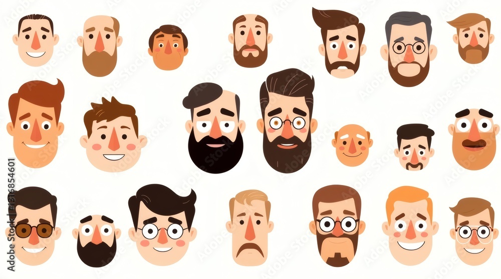 a collection of stylized cartoon faces representing different men with various expressions, hairstyles, and facial features. This illustration showcases diversity in age and style a collection of stylized cartoon faces representing different men with various expressions, hairstyles, and facial features. This illustration showcases diversity in age and style